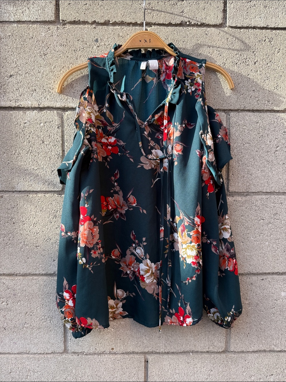 Floral Cold-Shoulder Blouse in Deep Teal